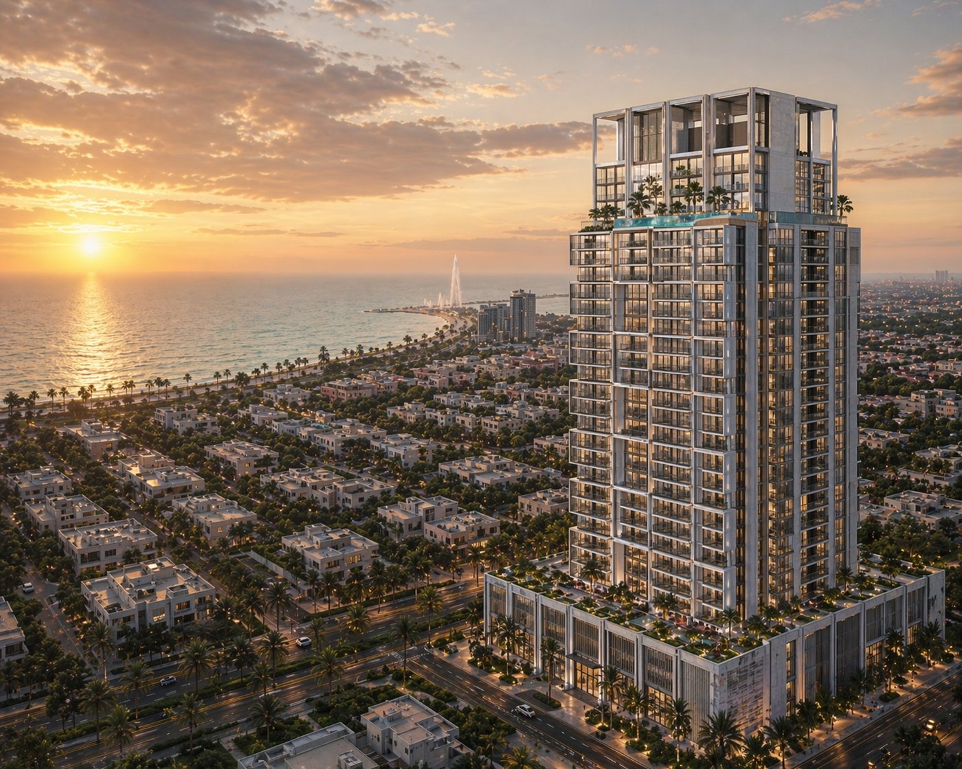 Al Rawdah Tower &mdash; Jeddah aerial render at golden hour, Red Sea views